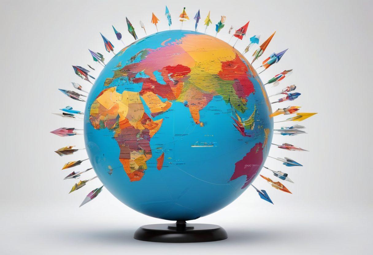 A dynamic globe showcasing busy trade routes with colorful arrows connecting various countries, emphasizing international business transactions. Incorporate diverse currency symbols floating around the globe, depicting a vibrant marketplace atmosphere. Include a silhouette of people engaged in discussions, symbolizing collaboration and innovation in trade. The image should radiate energy and opportunity with a modern touch. super-realistic. vibrant colors. white background.