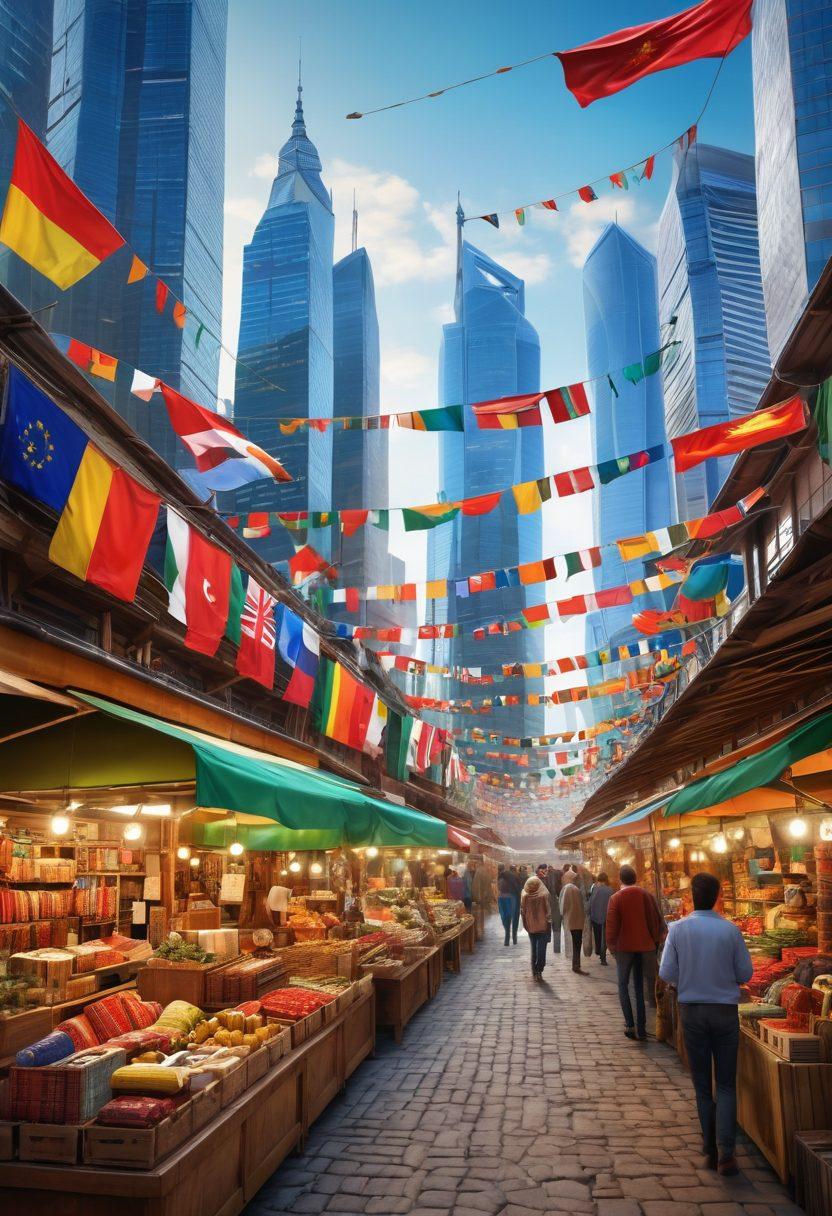 A bustling global marketplace intertwining traditional and digital trade elements, featuring diverse vendors showcasing various products like electronics, textiles, and crafts. Include vibrant flags from across the globe, adding a sense of unity in commerce. Showcase both buyers and sellers engaging enthusiastically, with modern technology like tablets and mobile phones being used for transactions. The background should suggest a blend of urban and rural settings across continents. super-realistic. vibrant colors. 3D.