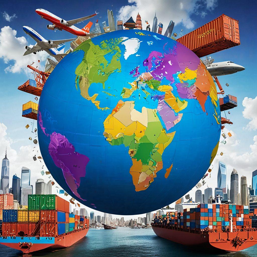 A dynamic globe surrounded by diverse trade elements like shipping containers, currency notes, and various cultural artifacts symbolizing global commerce. The foreground features business professionals engaged in strategic discussions, emphasizing collaboration and connection across borders. The background showcases a vibrant skyline of international landmarks representing different countries. Colorful and vivid, creating a sense of energy and opportunity in global trade. super-realistic. vibrant colors. white background.